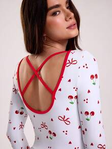 Sovereign Charm Women's Red And White Cherry Print Long Sleeve Dress,Cute Summer Vacation Outdoor Sports Mini Layered Tiered Ruffle Dress With Phone Pocket Shorts - Red and White - View 5