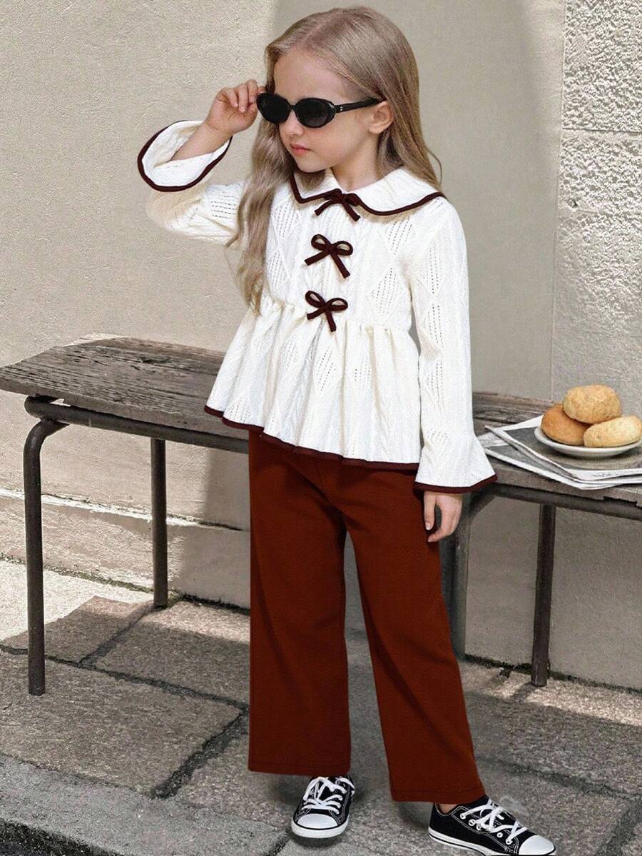 SHEIN Elladie kids 两件套:宽松白色喇叭袖上衣,饰有黑色蝴蝶结;舒适黑色休闲裤 - 棕色 - 查看 1