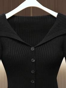 GlowEve 女士小众黑色翻领收腰修身细罗纹纹理长袖开衫，百搭日常穿着和户外活动，适合春秋季节 - 黑色 - 查看 6