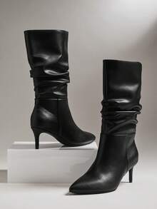 SHUZIA Women's Sexy Point Toe Kitten Heel Mid-Calf Slouchy Boots For Christmas - Black - View 1