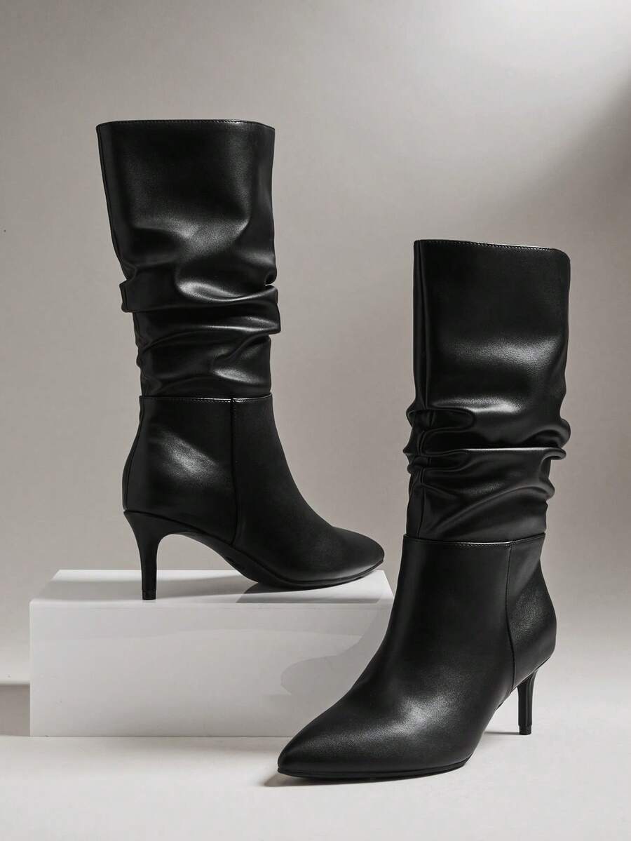 SHUZIA Women's Sexy Point Toe Kitten Heel Mid-Calf Slouchy Boots For Christmas - Black - View 1