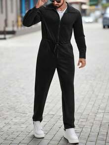 Manfinity CasualCool Men's Solid Color Long Sleeve Zip Front Drawstring Waist Pockets Casual Jumpsuit Men Black Jumpsuit Jumpsuit For Men Men Casual Sets Men Black Dress Outfits Men Black Romper  Old Money,Daily Leisure, Weekend Trips, Outdoor Activities, Travel Expeditions, Relaxed Work Environments Or Semi-Formal Occasions,Boyfriend/Husband Gift, Anniversary Gift Christmas Outfits Men Black Fashion Black Mens Outfits