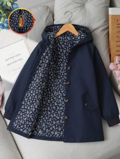 SHEIN Sparklyn Veste polyvalente de style coréen pour filles, avec impression florale intégrale, capuche, manches longues, poche décorative et fermeture simple boutonnée. Couleur unie tissée de style casual.