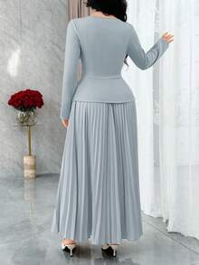 Feyla 女士优雅派对3D立体花卉装饰褶皱下摆连衣裙 - 淺藍色 - 查看 2