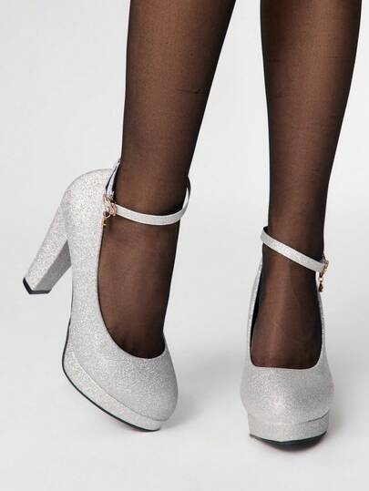 Women's Silver High Heel Shoes, Closed Toe, One-Strap, Stiletto Heel, Waterproof Platform, Formal Work Shoes, Low Heel Dress Shoes