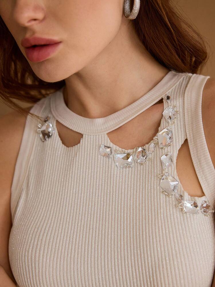 WOMEN'S SOLID COLOR ELEGANT KNIT SLEEVELESS MIDI DRESS WITH HOLLOW-OUT HANDMADE RHINESTONE EMBELLISHMENT