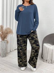 SHEIN LUNE 2pcs Plus Size Casual Solid Color Long Sleeve Top And Camo Print Pants Set, Spring Autumn Casual Everyday Wear,Essentials,Camouflage Print Two Pieces Suit Holiday Outfit  Camouflage Plus Size Camouflage Outfit For Women Comfy Sets Women Lounge Wear Camouflage Pants Loungewear Women Camouflage Plus Size Pants - Multicolor - View 4