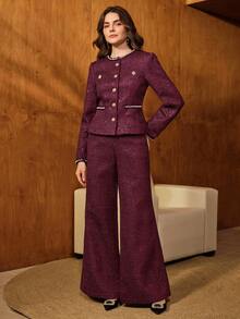 Anewsta Women's Vintage Round Neck Tweed Sequin Tassel Pearl Knit Elegant Metal Button Waist Long Sleeve Short Christmas Jacket - Burgundy - View 8