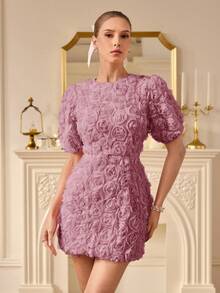 Aveloria Rosie 3D立体花卉装饰收腰短袖奢华欧美风时尚迷你连衣裙 - 粉色 - 查看 4