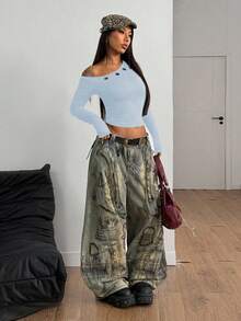 StreetHx Women's Eyelet Decor Fitted Long Sleeve T-Shirt, Early Autumn