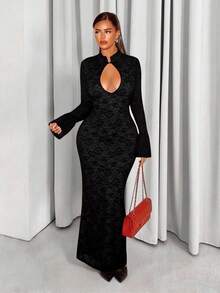 Sirith Elegant Black Mermaid Bodycon Maxi Dress For Women With Stand Collar And Flare Long Sleeves Perfect For Parties - Black - View 5