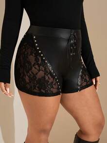 SHEIN Tall CURVE 大码女式休闲街头性感Y2K辣妹风日常约会生日派对蕾丝拼接PU铆钉装饰前中假门襟和孔眼装饰黑色PU裤超短裤紧身迷你裤女式短裤-B 女式皮质短裤系带短裤黑色皮质短裤系带皮质短裤 - 黑色 - 查看 3