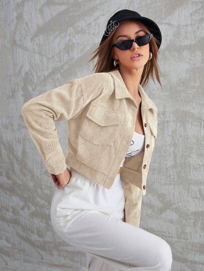 Chaqueta corta de color liso para mujer, primavera-otoño, ropa de otoño-invierno para mujer, chaqueta de pana con bolsillos con solapa y hombros caídos, ropa de otoño-invierno para mujer