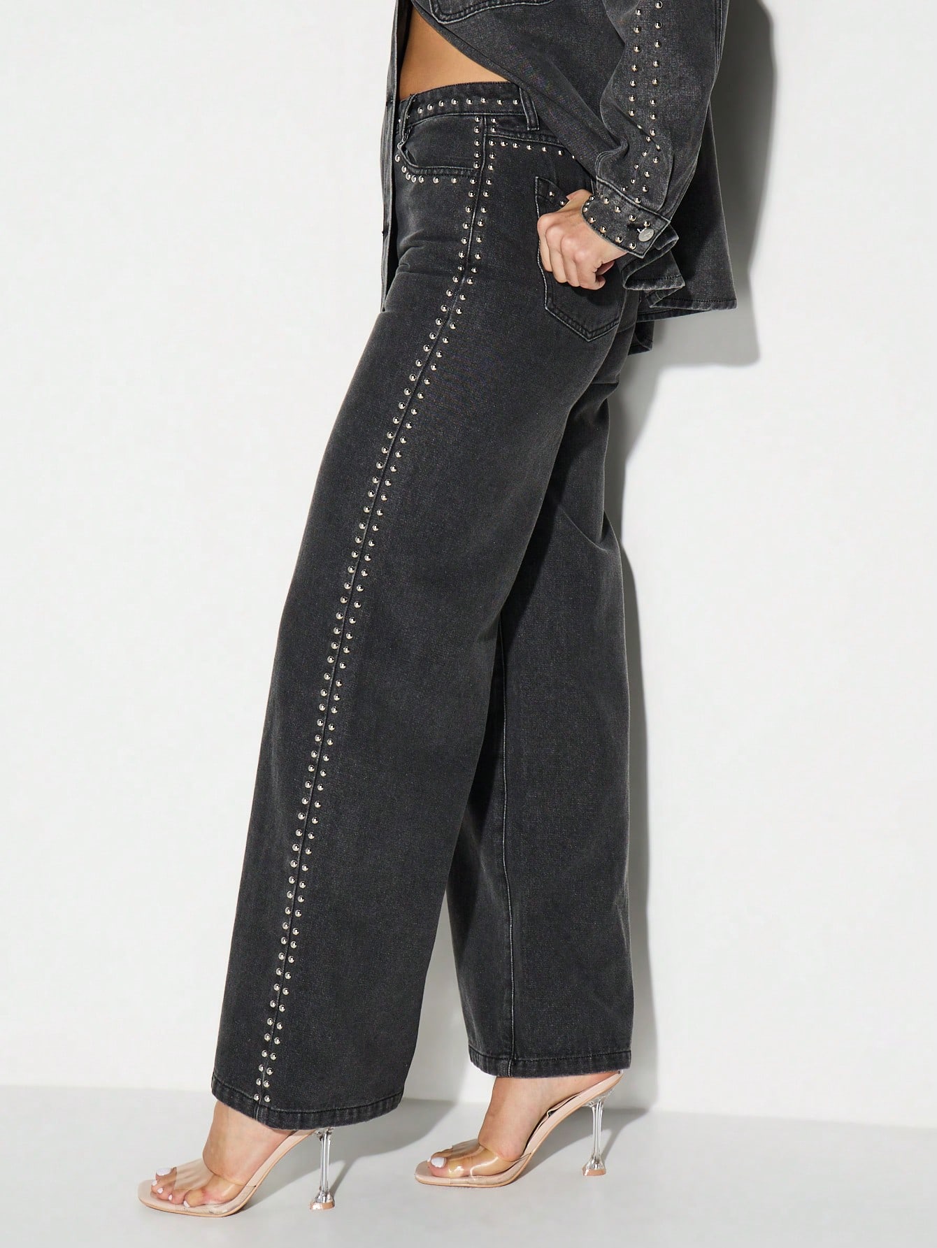 KIZN Studded Wide Leg Washed Denim Jeans