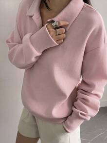 DAZY 女士宽松刺绣字母圆领半拉链卫衣 - 粉色 - 查看 4