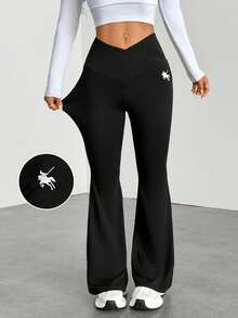 SHEIN PETITE Quần ống loe cạp cao đơn giản màu trơn thêu logo ngựa, màu trắng - màu đen - Xem 6