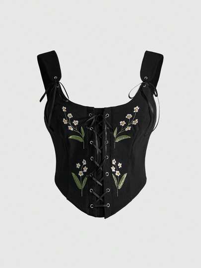 ROMWE Fairycore Plus Size Floral Embroidered Vintage Palace Style Camisole And Tank Top