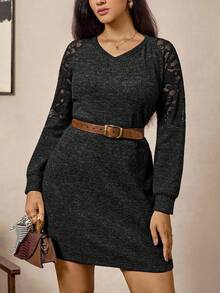 Zelara Vintage Coin Pattern Plus Size Knit Dress - Black - View 9