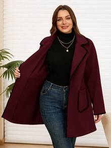 EMERY ROSE Plus Size Women's Elegant Autumn Formal Evening Office Overcoat,Burgundy Black Contrast Embroidered Lace Edge Long Sleeve Pockets Warm Jacket Coats - Burgundy - View 8