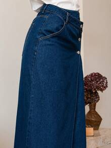 Bris Aura 女士牛仔中长直筒裙、秋季女士裙子、女装街头服饰、女士牛仔裙、不对称裙子、秋季女装、冬季裙子、商务休闲女装、冬季女装 - 深色水洗藍 - 查看 6