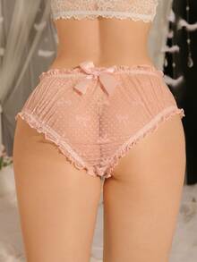 DelicateAllure Bragas de talla grande con parches de malla, ribete de volantes, acento de lazo, diseño transparente, estampado de moño, lindas y encantadoras, color rosa - Rosa - Ver 2