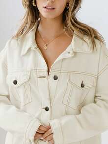 Aralina 休闲宽松长袖前扣经典牛仔夹克 - 白色 - 查看 7