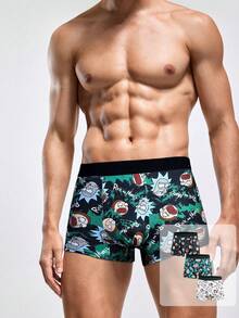 Rick and Morty X SHEIN 3pcs Men's Black & White & Green Comfortable Contrast Cartoon Face Print Trunk, Basic Casual Boxer Brief, Men Boxers Pack - Green - View 9