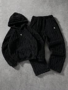 PAVTROS 男士休闲时尚街头刺绣抓绒连帽衫和裤子套装，秋冬款，街头风，宽松版型，男士，情侣装，印花图案，我爱我的男朋友，朋友，情侣装，男朋友 - 黑色 - 查看 4