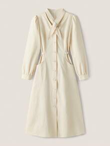 SHEIN Unity Đầm midi thường ngày đơn hàng khuy đơn màu trơn dành cho nữ có tay dài - Màu Khaki - Xem 1
