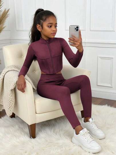Tween Girls 2pcs Outfit - Solid Color Zip-Up Jacket And Leggings, Casual Sporty Chic School Style, Long Sleeve Sweatshirt And Skinny Pants Set, Young Fashionable Student Activewear