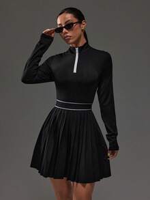 Dewbera Women's Sports Pleated Zip-Up Long Sleeve Dress Long Sleeve Tennis Dress Black Tennis Dress Women Tennis Dress Black Long Sleeve Tennis Dress - Black - View 3