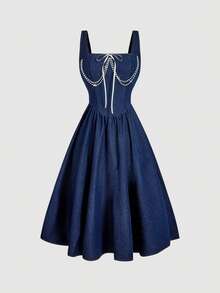 Sweetra 女士蓝色系带水钻装饰优雅无袖牛仔连衣裙 - 藍色 - 查看 1