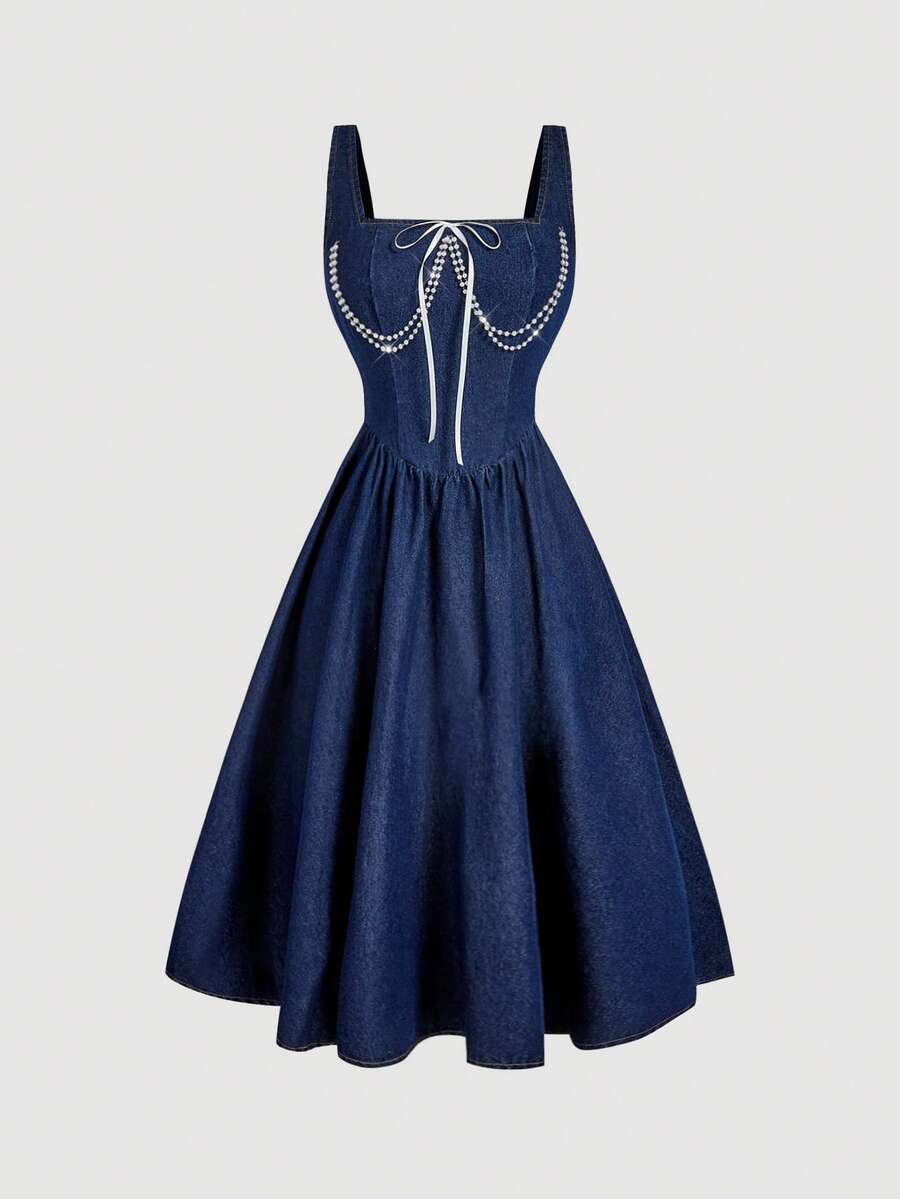 Sweetra 女士蓝色系带水钻装饰优雅无袖牛仔连衣裙 - 藍色 - 查看 1