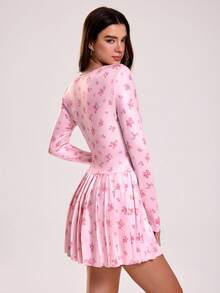 Sovereign Charm 女士U领插肩袖收腰印花休闲褶皱运动连衣裙 - 粉色 - 查看 3