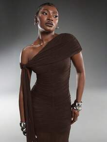 Normani 女士纯色不对称肩部褶皱网纱拼接优雅连衣裙 - 咖啡棕 - 查看 7