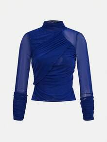 Maija Navy Blue Pleated Mock Neck Sheer Blouse, Modern Urban Casual & Comfortable, Autumn/Winter Dark Blue Top Women Long Sleeve Tops Turtle Neck Top Blue Long Sleeve Top - Navy Blue - View 7