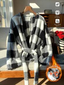 SHEIN EZwear 女士纯色前系带长袖格子风衣外套，休闲日常穿着 - 彩色 - 查看 1