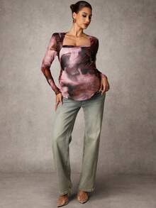 MaterniChic Maternity Elegant Printed Ruched Long Sleeve T-Shirt Maternity Tops Maternity Shirts For Women Pregnancy Shirts Maternity Long Sleeve Top Square Neck Maternity Top Breastfeeding Shirt - Multicolor - View 5