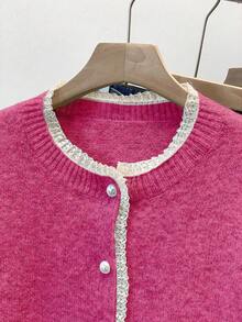 Franclia 时尚汽车蕾丝边圆领长袖毛衣 - 玫紅色 - 查看 3