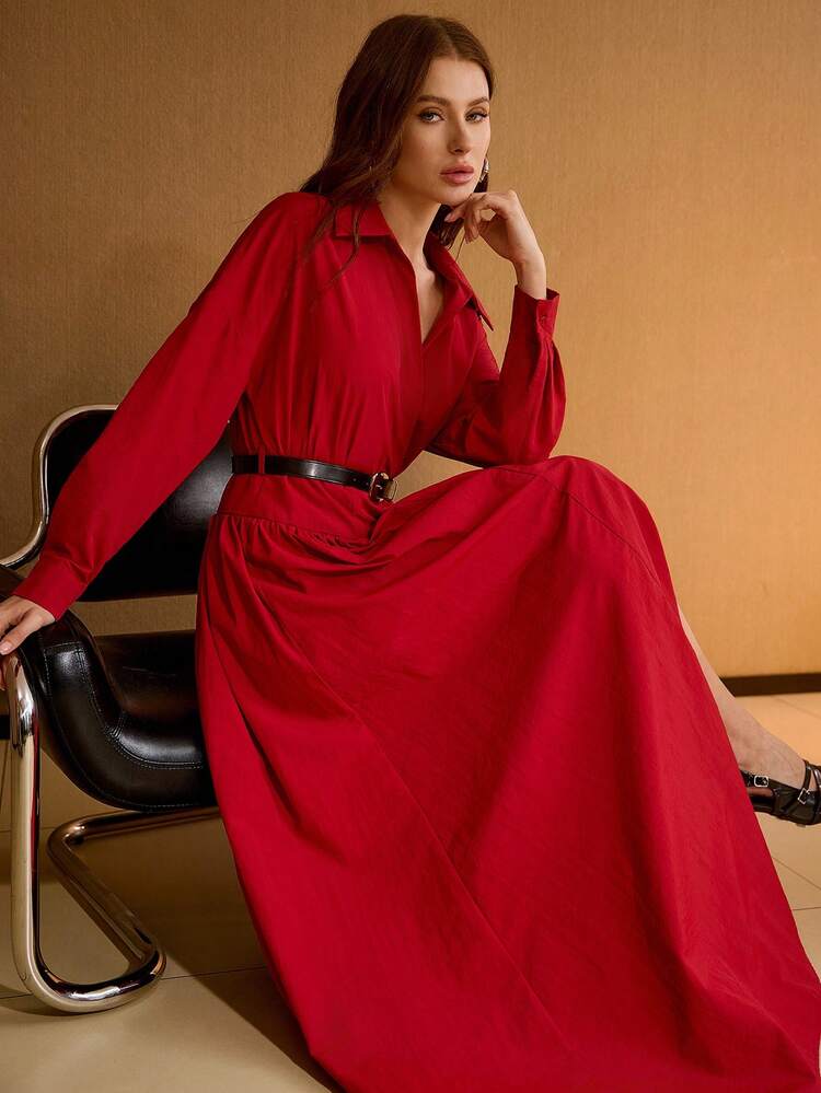 WOMEN'S COLLAR DROP SHOULDER LONG DRESS