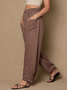 SHEIN LUNE 大码休闲口袋裤 新年优雅女士夏季度假波西米亚风裤子 棕色女士裤子 飘逸女士裤子 宽松裤子 - 綠色 - 查看 5