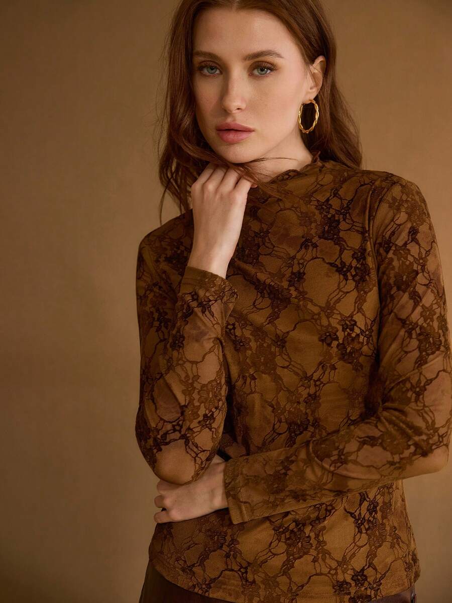 MOTF PREMIUM ALLOVER FLORAL PATTERN FUNNEL NECK LETTUCE TRIM SLIM FIT TOP - Coffee Brown - View 2