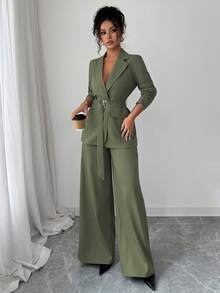 Elenzga Bộ vest quần ống rộng ống đứng dáng rộng thời trang xuân/thu 2025 thanh lịch, giản dị, đi làm/đi chơi, thắt lưng kim loại, tay dài - xanh quân đội - Xem 5