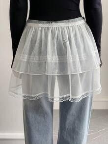 DAZY Women's Lace Patchwork Tie-Up Mesh Cake Skirt, Casual Mini Skirt - White - View 5