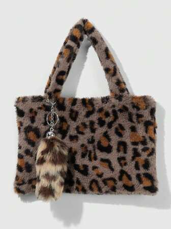 Goth 2 Stücke Millennium personalisierte, vielseitige Maillard Serie Herbst/Winter Plüsch Kunstfell Leopard Tiger Muster Handtasche + braun flauschiger Kunstfell Leopard Mini Tier Schwanz Schlüsselanhänger Taschenbaumler Kombi Set, geeignet für Frauen Pendeln, Alltag, Urlaubsgeschenk