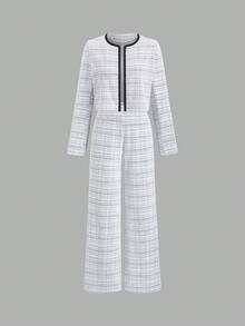 SHEIN Unity Black And White Checkered Tweed 2-Piece Set,Autumn Elegant Office Long Sleeve Crew Neck Top With Black Ribbon & Metal Button Decor & Straight Pants - White - View 3