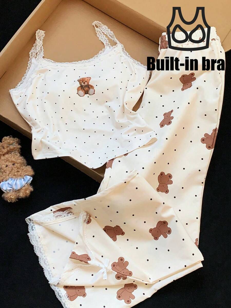 Comfortcana 2件套女士熊印花吊带背心上衣和裤子套装 - 杏色 - 查看 1