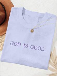 INAWLY Áo thun đơn giản thêu chữ God Is Good Christian Faith thoải mái, Áo thun đức tin, Áo thun đức tin, Áo thun nhóm nhà thờ, Áo thun thêu cổ tròn cho nữ - Màu tím hoa cà - Xem 3
