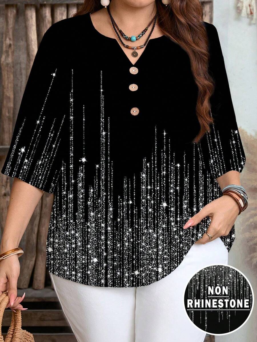 EMERY ROSE Plus Size Casual Notched Neck Half Sleeve Blouse With Random Print Design And Rhinestone Details,Spring/Summer/Vacation - Multicolor - View 1