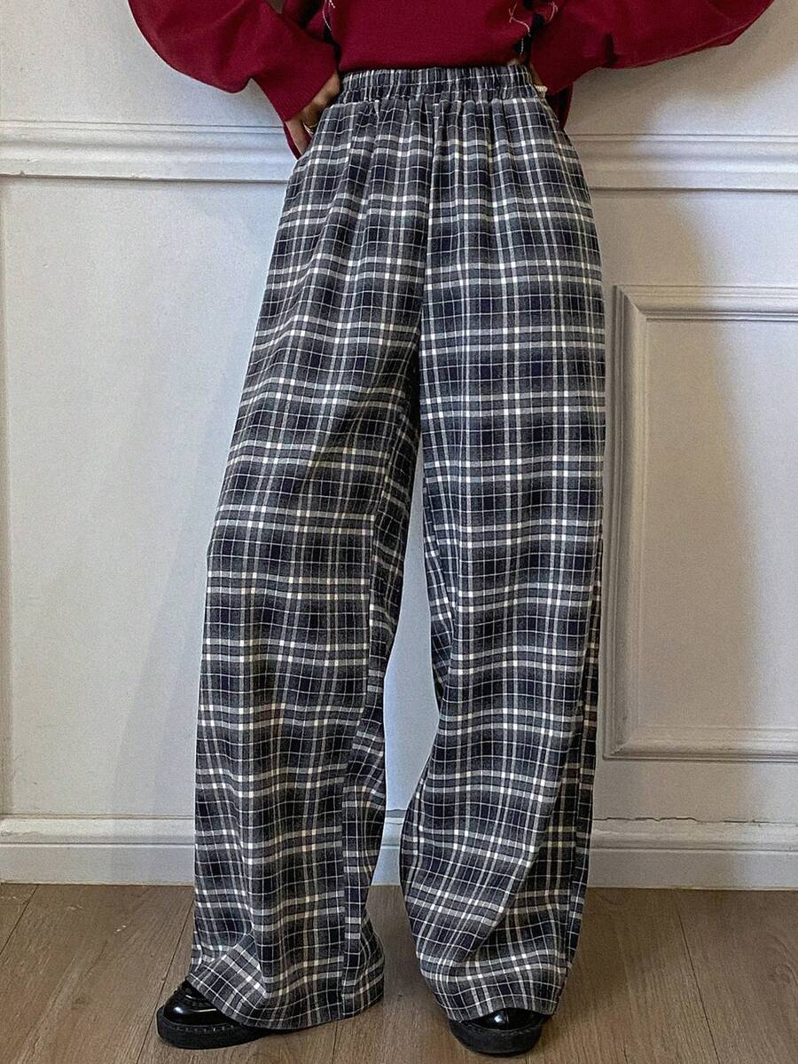 DAZY Pantalones anchos y sueltos de cuadros vintage, con cintura elástica, casuales para mujer, para otoño/invierno - Azul - Ver 1